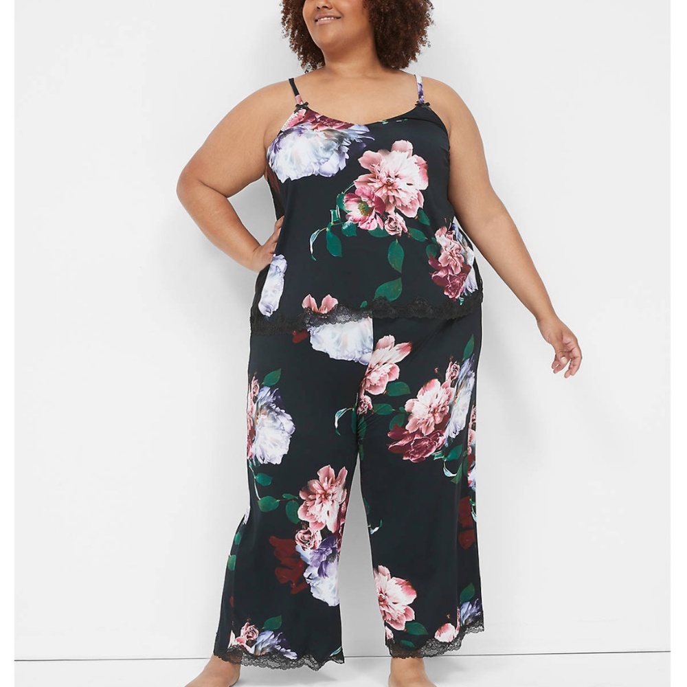 Cacique -  Lace Trim Micro Black Vintage Floral Pant Cami PJ Set - 22/24 Long 3X